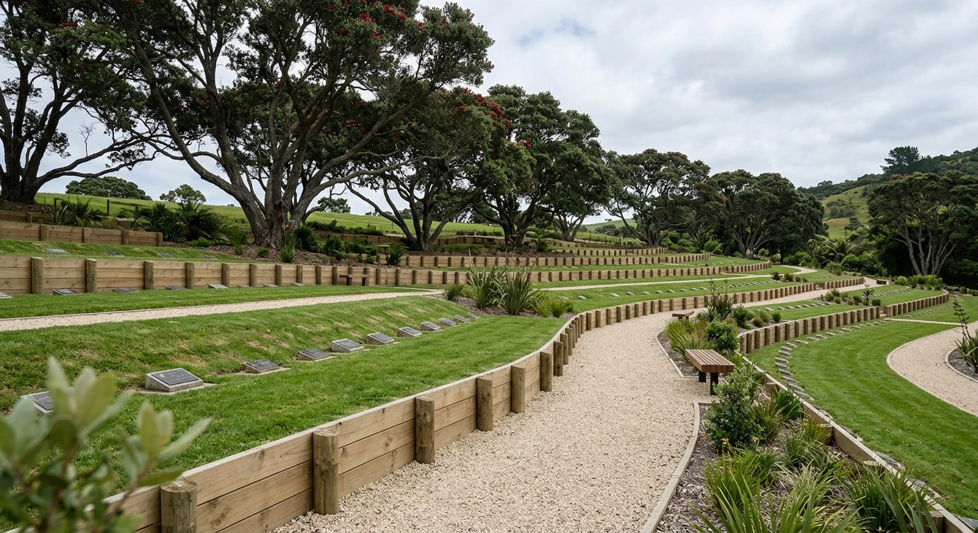 Memorial park with terraced timber retaining walls