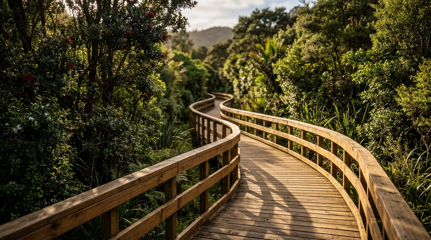 Completed timber boardwalk winding through native New Zealand bush
