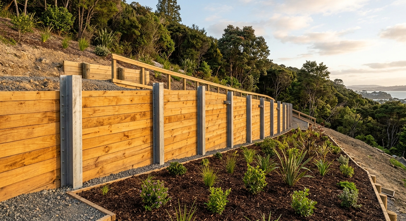 Timber retaining wall with H-pile posts on a hillside