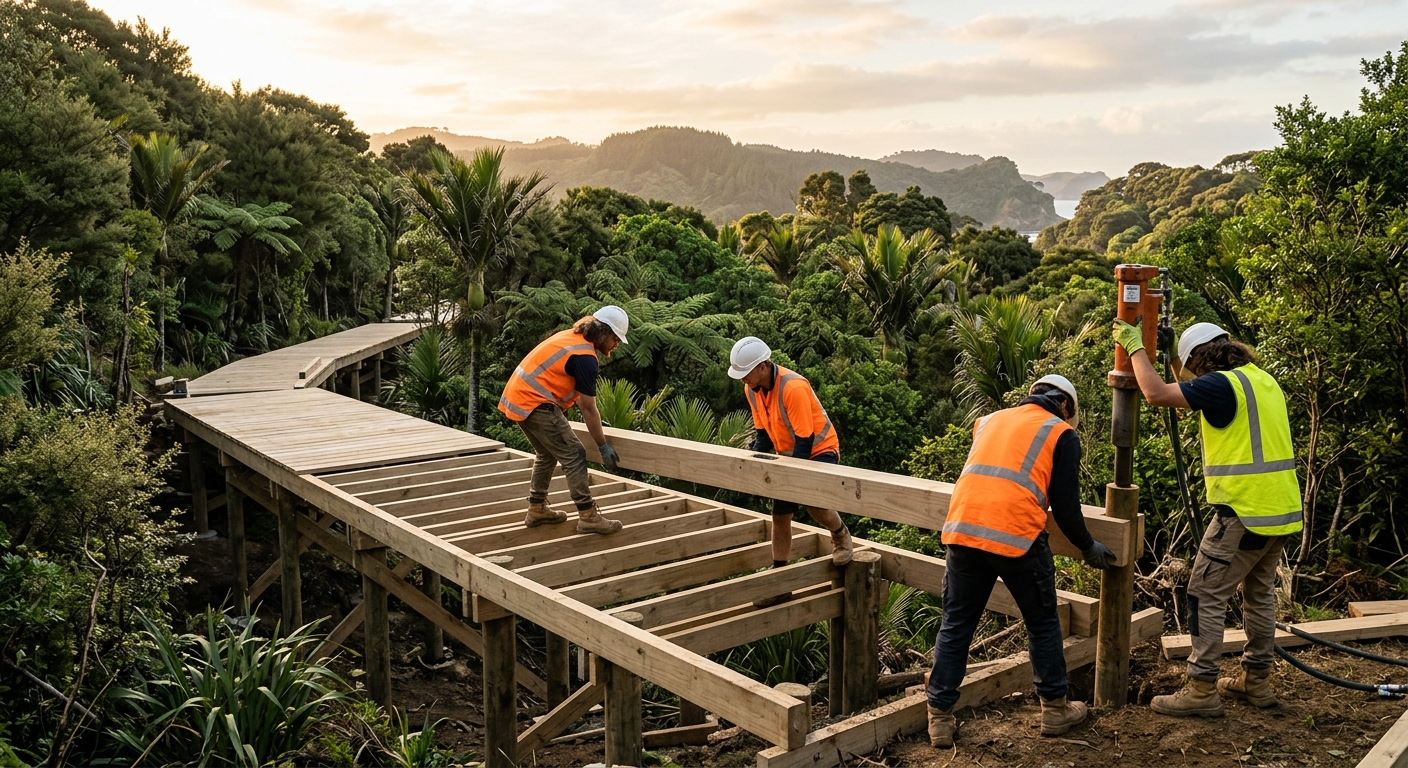 Construction team building timber walkway in native bush