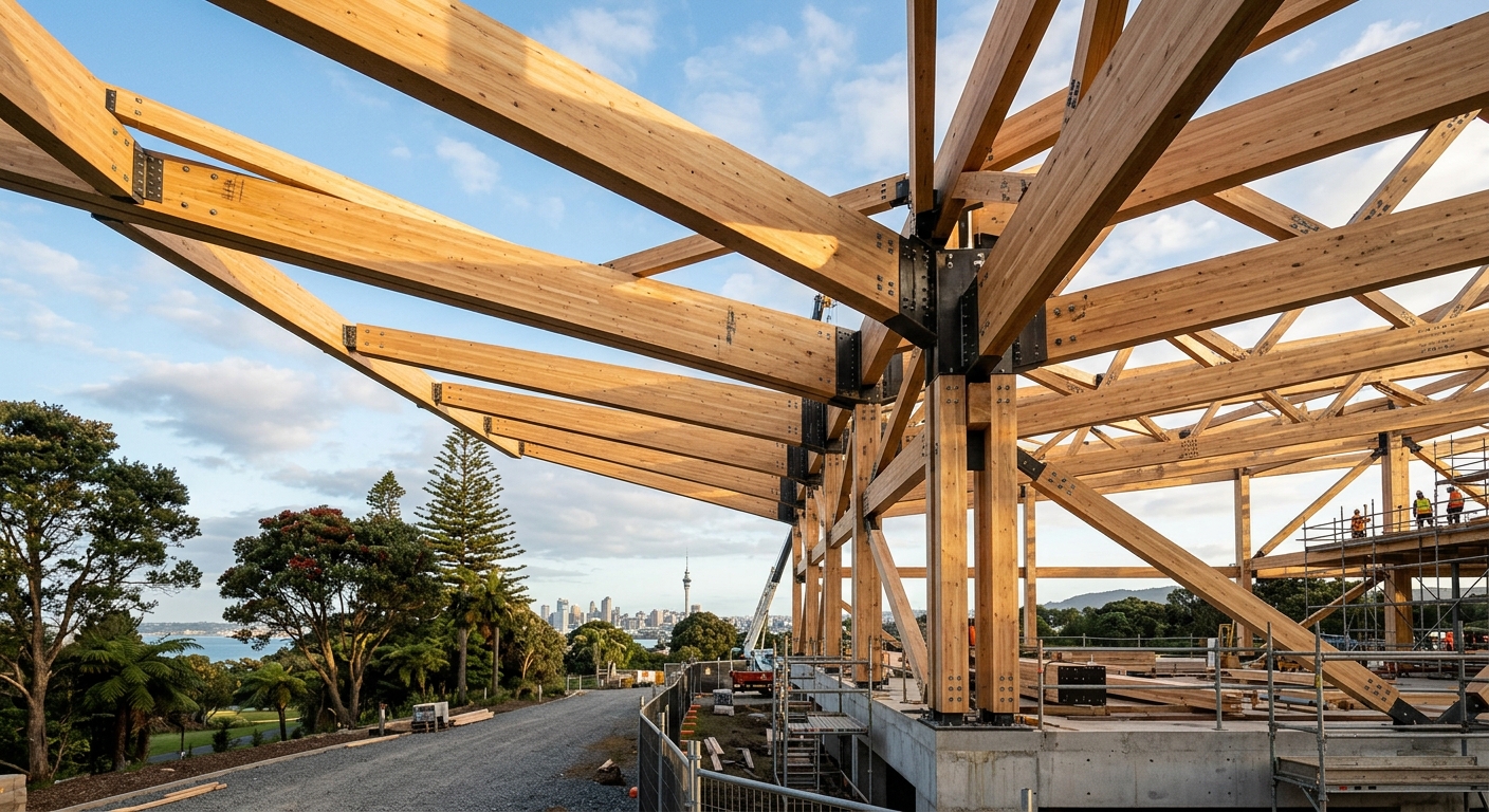 Large-scale engineered timber post-and-beam structure under construction