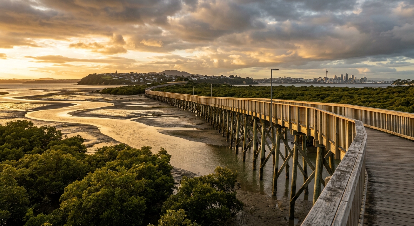 Elevated timber walkway spanning across tidal wetland in Auckland